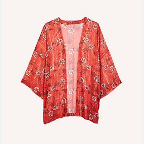 Ann Taylor Striped Floral w/Metallic Detail Kimono Open Front Light Redwood XS/S - Picture 2 of 8